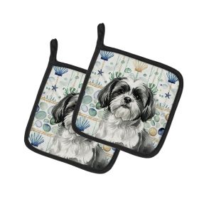 Black and White Shih Tzu Coastal Sea Glass Pair of Pot Holders Pair 7.5x7.5 Quilted Insulated Hot Pads Decorative Kitchen Gift Made in USA