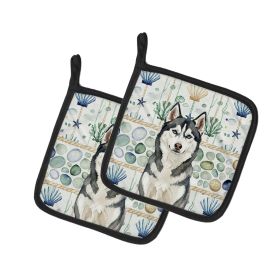 Siberian Husky Coastal Sea Glass Pair of Pot Holders Pair 7.5x7.5 Quilted Insulated Hot Pads Decorative Kitchen Gift Made in USA