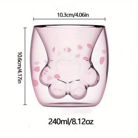 1pc Cat Claw Glass Cup; Creative Insulated Glass Double Layer Coffee Cup High Borosilicate Tea Cup Household Cute Transparent Cat Paw Glass Water (Color: Pink)